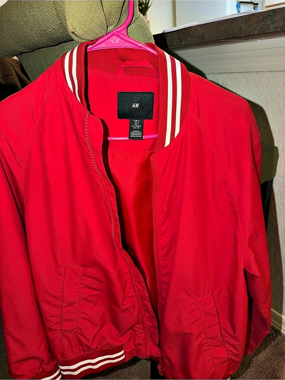 H&Medium Red Bomber Jacket with White Striped Ribbing Medium